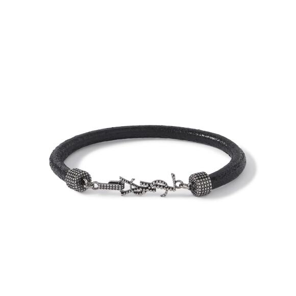 Saint Laurent Opyum Men's Embellished Textured Leather Silver Tone Bracelet NIB - Picture 1 of 8